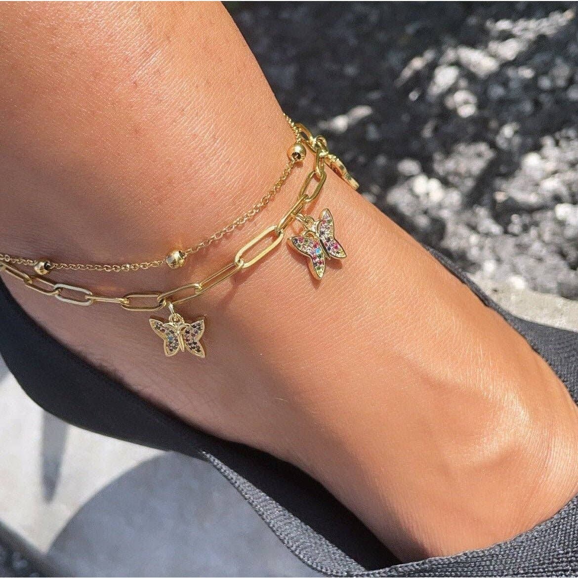 18k Gold Filled Multi-Color CZ Butterfly Charm Anklet - HER Home Design Boutique
